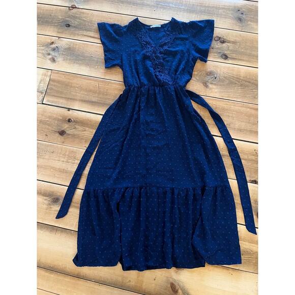 Kirundo Women's Long Navy Maxi Dress. Lace Neck Line. Dotted. Waist tie Sz Small - Picture 1 of 9